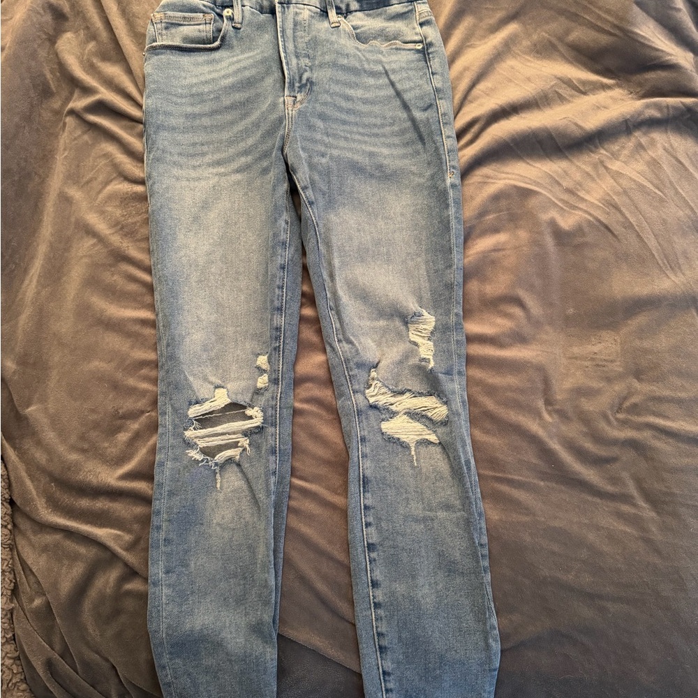 Good American Sky Blue Ripped Skinny Jeans